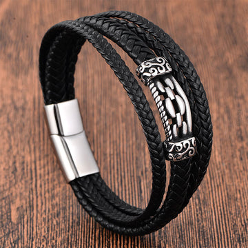 Titanium Steel & Leather Chain Link Braided Bracelet for Balance