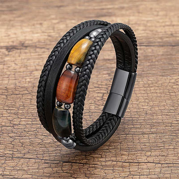 Natural Multi-Hued Tiger Eye & Leather Bracelet for Inner Fortitude