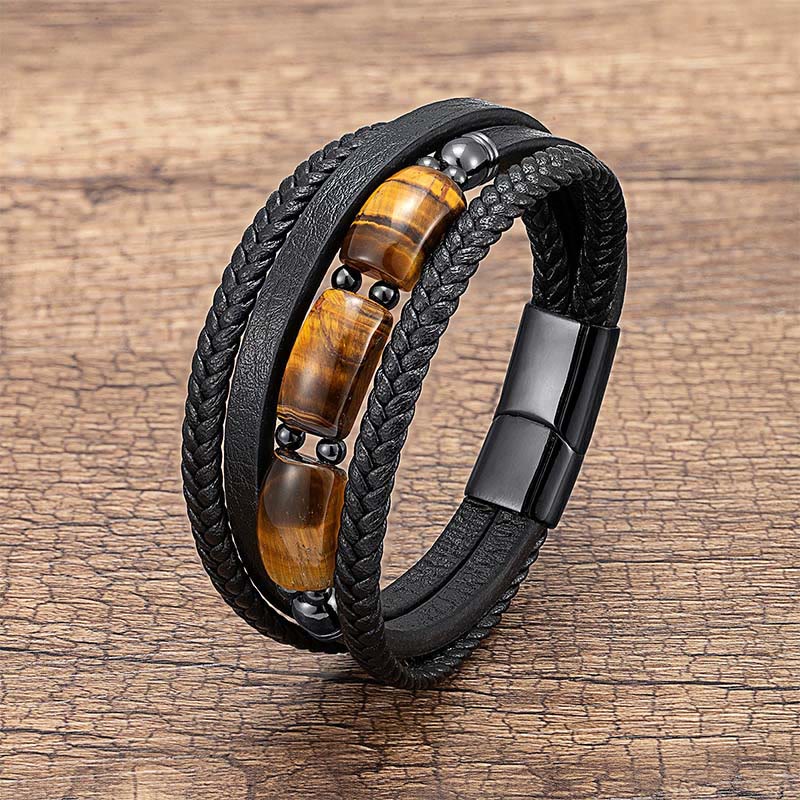 Natural Multi-Hued Tiger Eye & Leather Bracelet for Inner Fortitude
