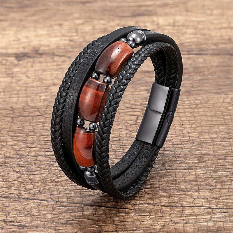 Natural Multi-Hued Tiger Eye & Leather Bracelet for Inner Fortitude