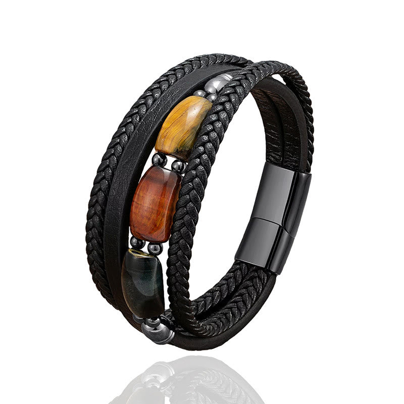 Natural Multi-Hued Tiger Eye & Leather Bracelet for Inner Fortitude