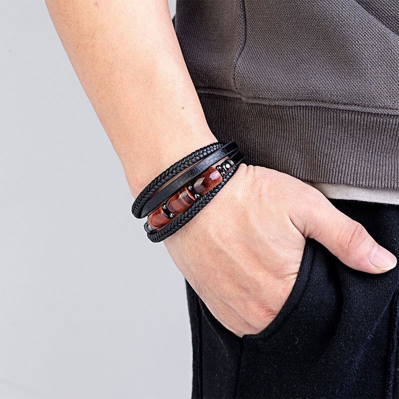Natural Multi-Hued Tiger Eye & Leather Bracelet for Inner Fortitude