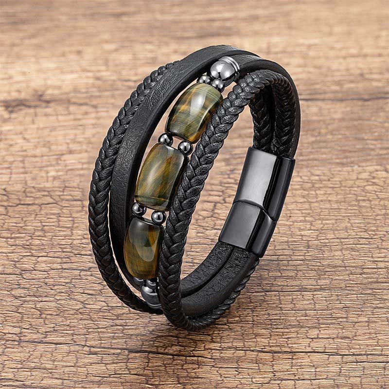 Natural Multi-Hued Tiger Eye & Leather Bracelet for Inner Fortitude