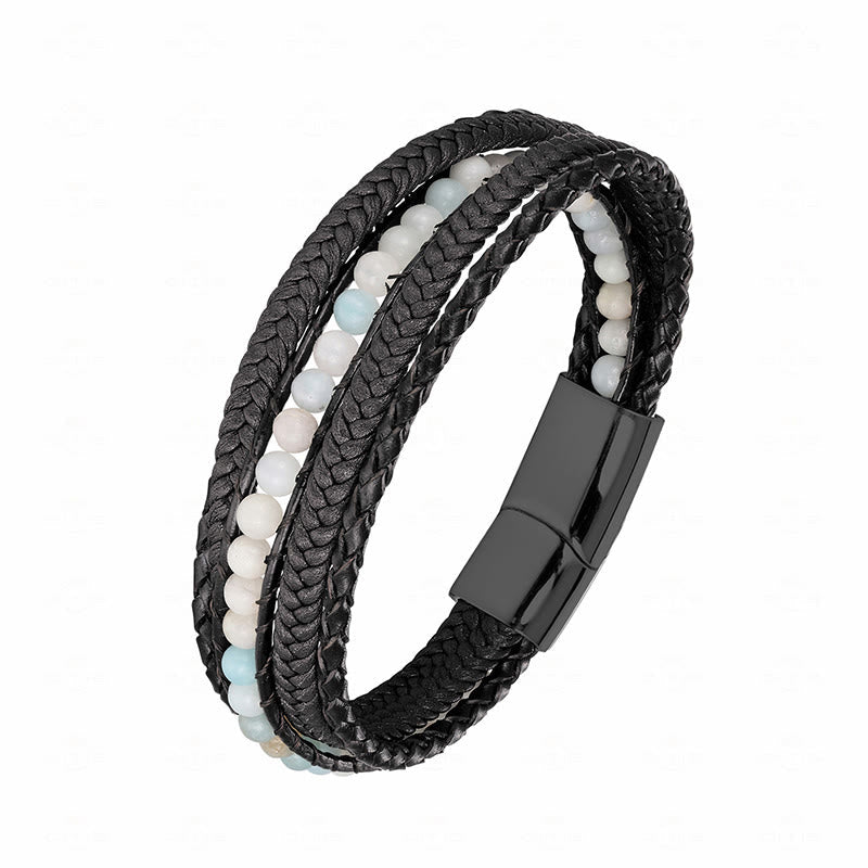 Diverse Mineral Beaded Leather Bracelet with Adjustable Buckle