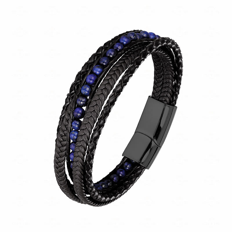 Diverse Mineral Beaded Leather Bracelet with Adjustable Buckle