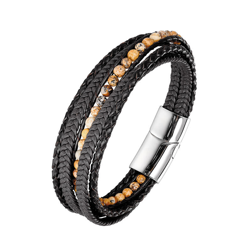 Diverse Mineral Beaded Leather Bracelet with Adjustable Buckle