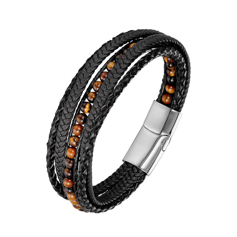 Diverse Mineral Beaded Leather Bracelet with Adjustable Buckle