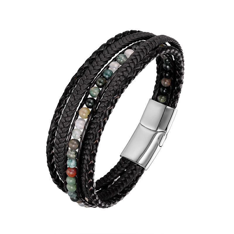 Diverse Mineral Beaded Leather Bracelet with Adjustable Buckle
