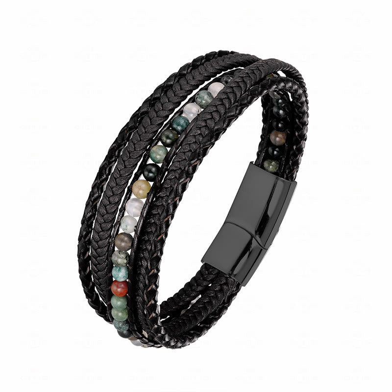 Diverse Mineral Beaded Leather Bracelet with Adjustable Buckle