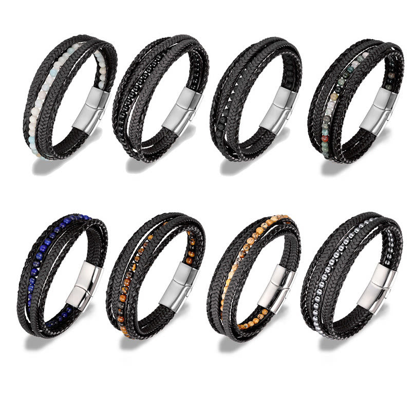 Diverse Mineral Beaded Leather Bracelet with Adjustable Buckle