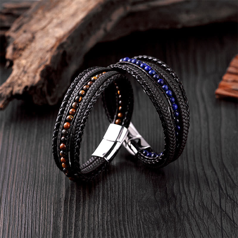 Diverse Mineral Beaded Leather Bracelet with Adjustable Buckle
