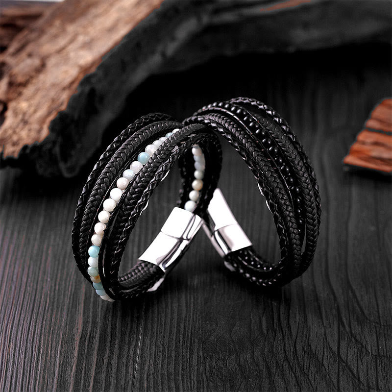 Diverse Mineral Beaded Leather Bracelet with Adjustable Buckle