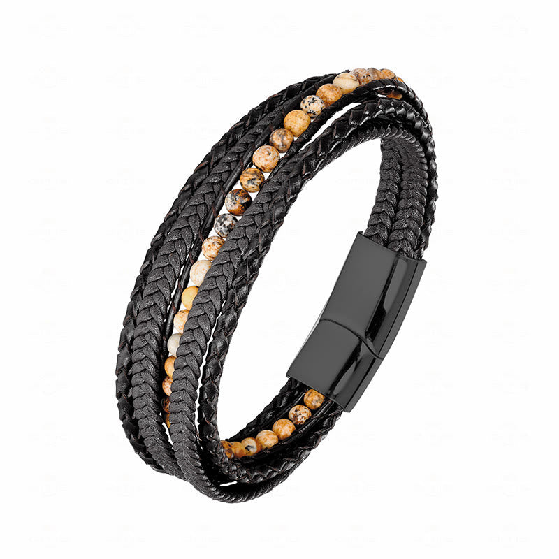 Diverse Mineral Beaded Leather Bracelet with Adjustable Buckle