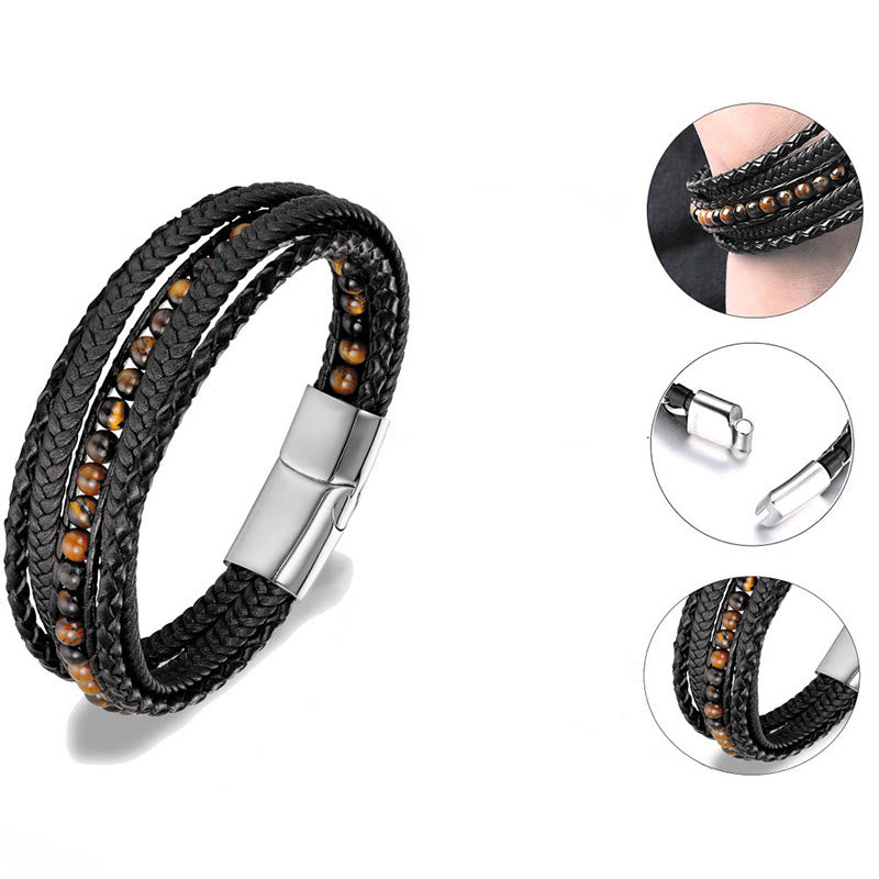 Diverse Mineral Beaded Leather Bracelet with Adjustable Buckle