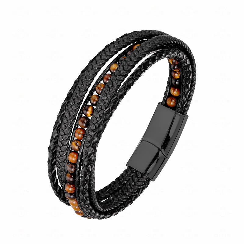 Diverse Mineral Beaded Leather Bracelet with Adjustable Buckle