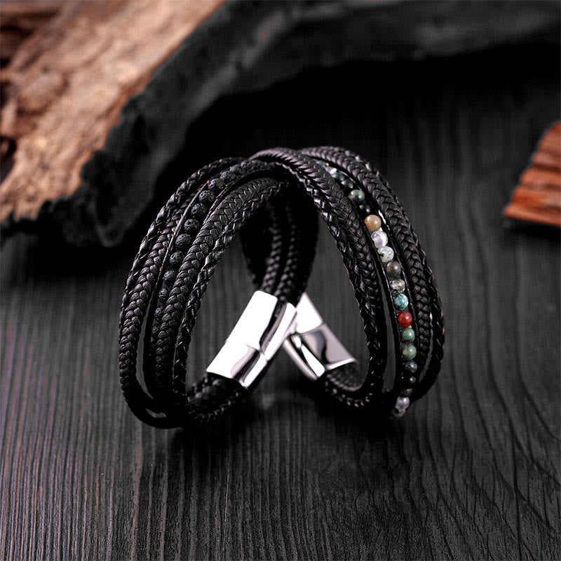 Diverse Mineral Beaded Leather Bracelet with Adjustable Buckle