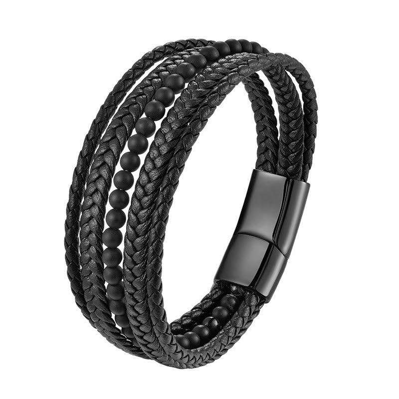 Matte Frosting Black Onyx and Multilayered Braided Leather Bracelet