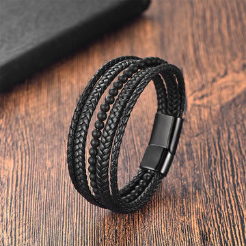 Matte Frosting Black Onyx and Multilayered Braided Leather Bracelet
