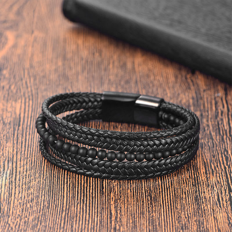 Matte Frosting Black Onyx and Multilayered Braided Leather Bracelet