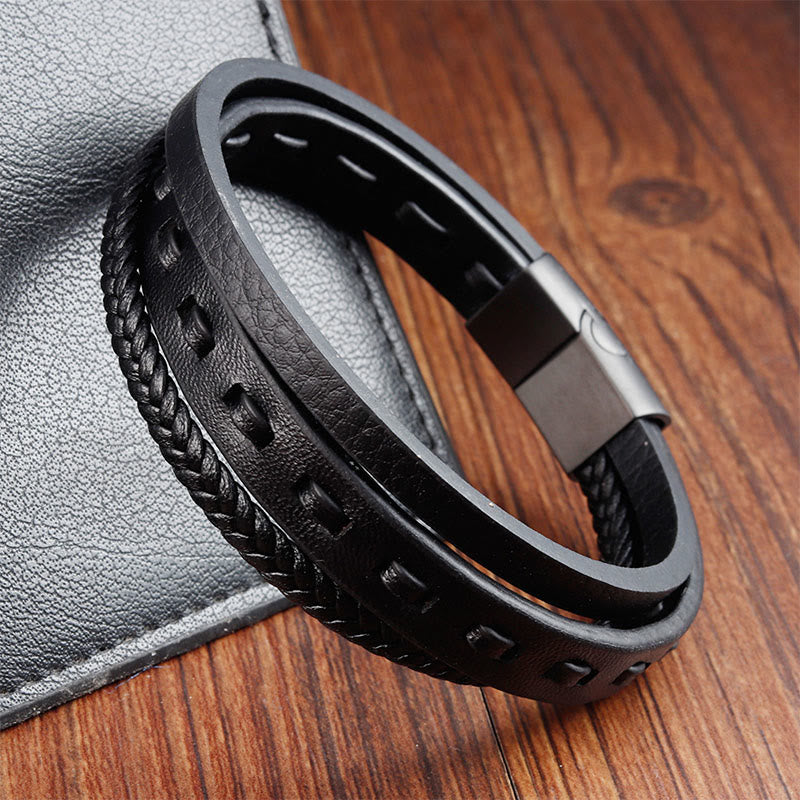 Titanium Steel Buckle Multilayered Braided Leather Calm Bracelet