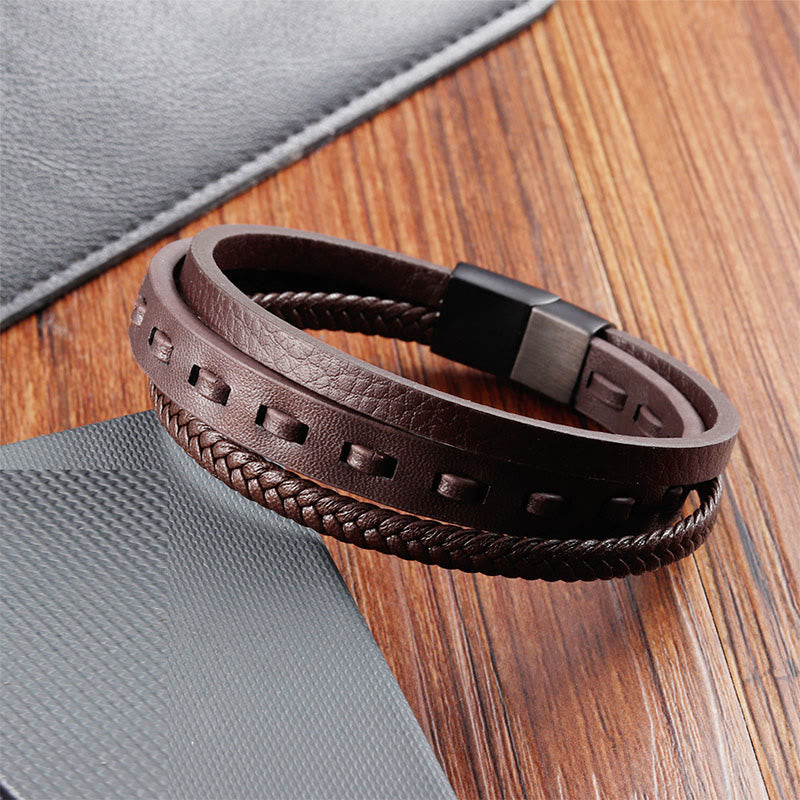 Titanium Steel Buckle Multilayered Braided Leather Calm Bracelet