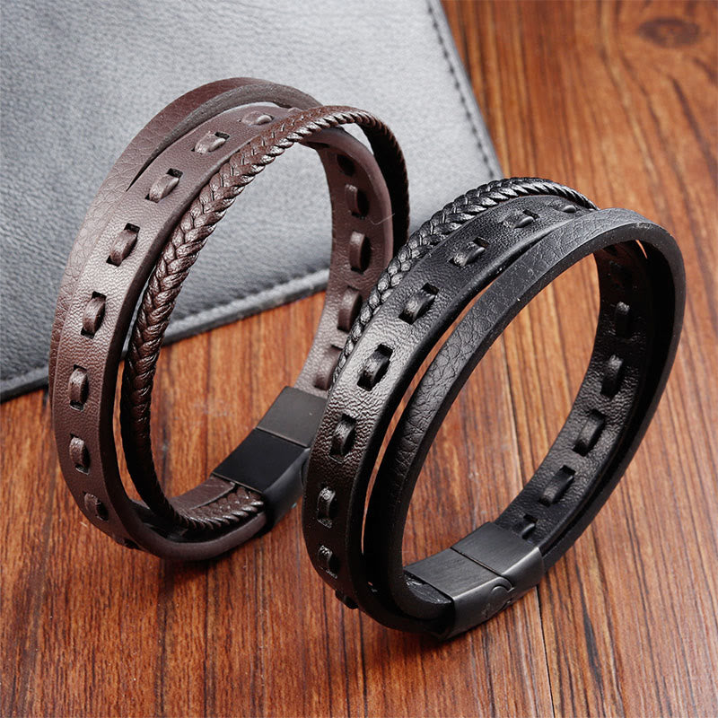 Titanium Steel Buckle Multilayered Braided Leather Calm Bracelet