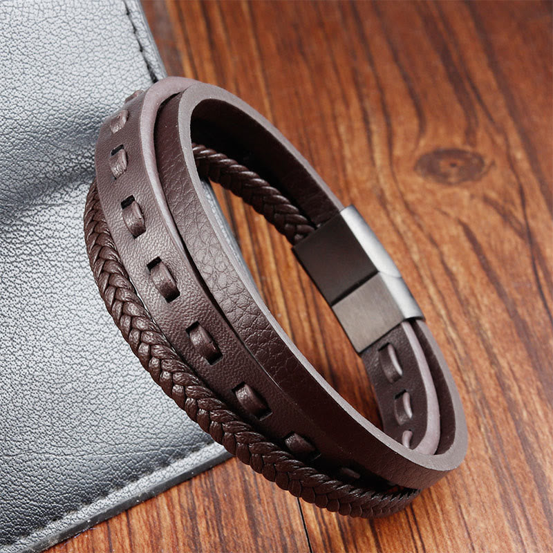 Titanium Steel Buckle Multilayered Braided Leather Calm Bracelet