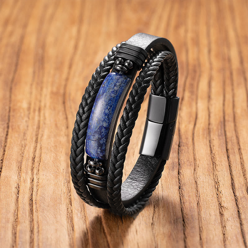 Titanium Steel and Leather Multi-Stone Inlay Energy Anchor Bracelet