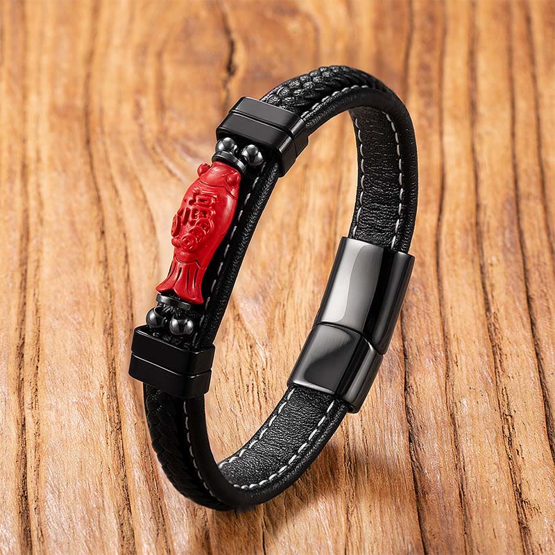 Cinnabar & Leather Bracelet: Pixiu, Fu Prosperity, Buddha, Koi Fish Design