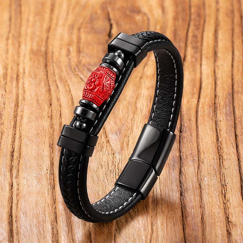 Cinnabar & Leather Bracelet: Pixiu, Fu Prosperity, Buddha, Koi Fish Design