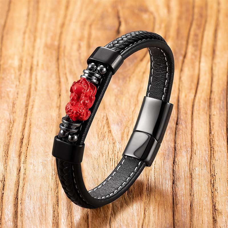 Cinnabar & Leather Bracelet: Pixiu, Fu Prosperity, Buddha, Koi Fish Design