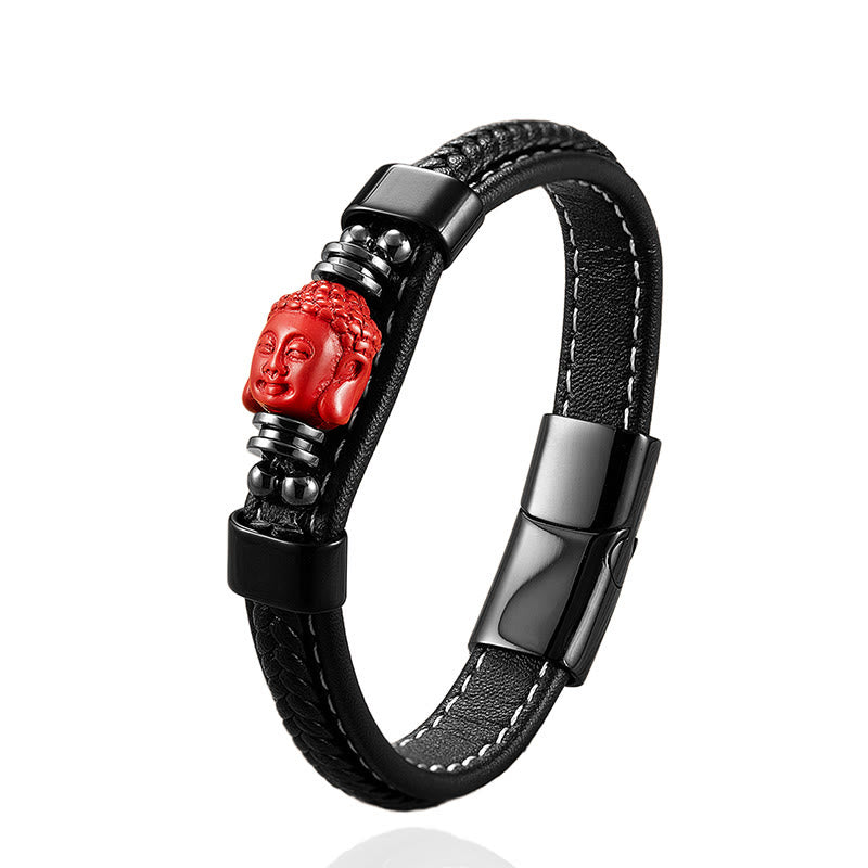Cinnabar & Leather Bracelet: Pixiu, Fu Prosperity, Buddha, Koi Fish Design