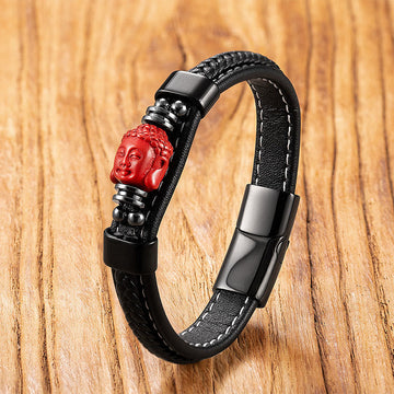 Cinnabar & Leather Bracelet: Pixiu, Fu Prosperity, Buddha, Koi Fish Design