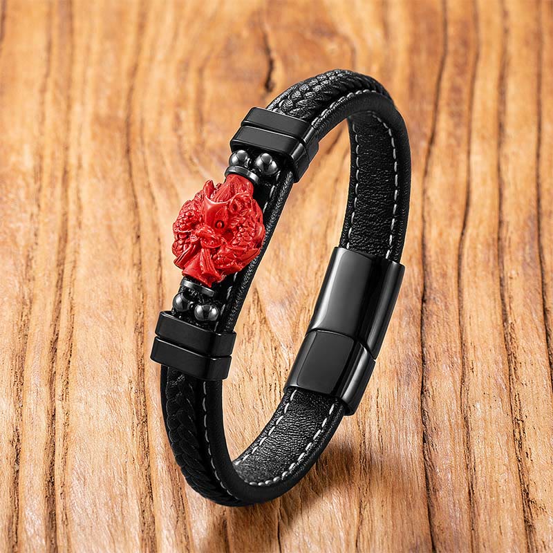 Cinnabar & Leather Bracelet: Pixiu, Fu Prosperity, Buddha, Koi Fish Design