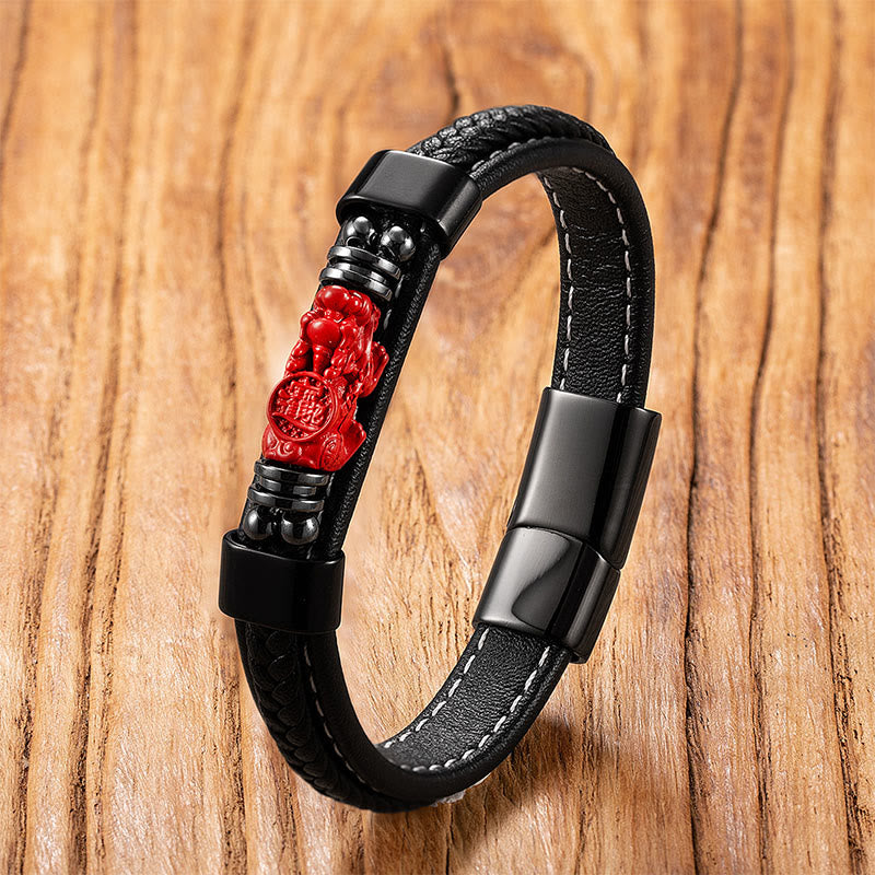 Cinnabar & Leather Bracelet: Pixiu, Fu Prosperity, Buddha, Koi Fish Design