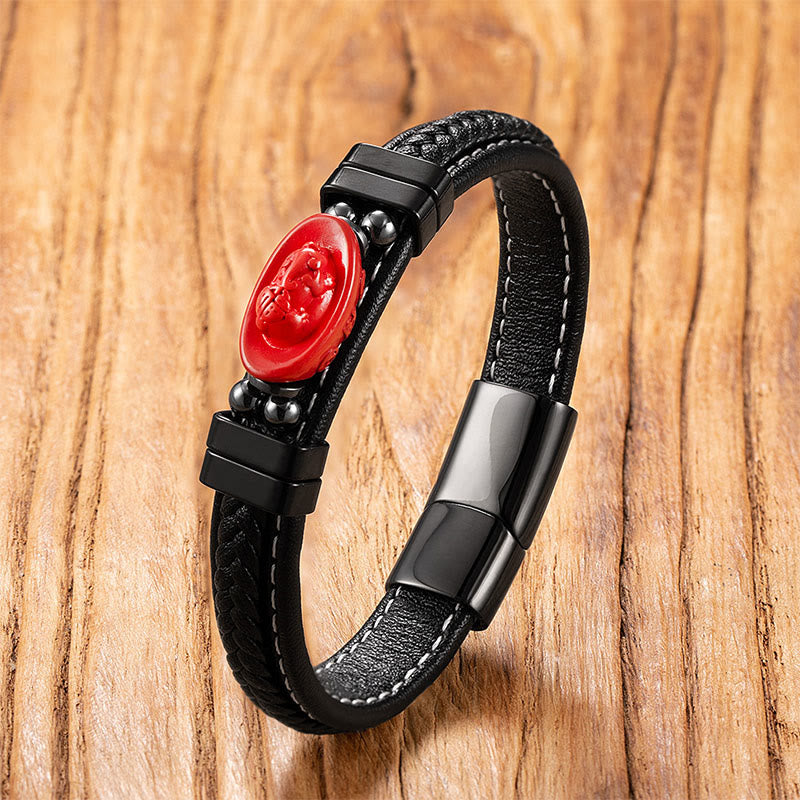 Cinnabar & Leather Bracelet: Pixiu, Fu Prosperity, Buddha, Koi Fish Design
