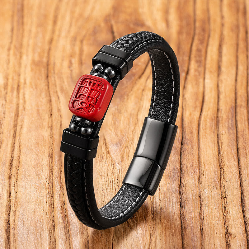 Cinnabar & Leather Bracelet: Pixiu, Fu Prosperity, Buddha, Koi Fish Design