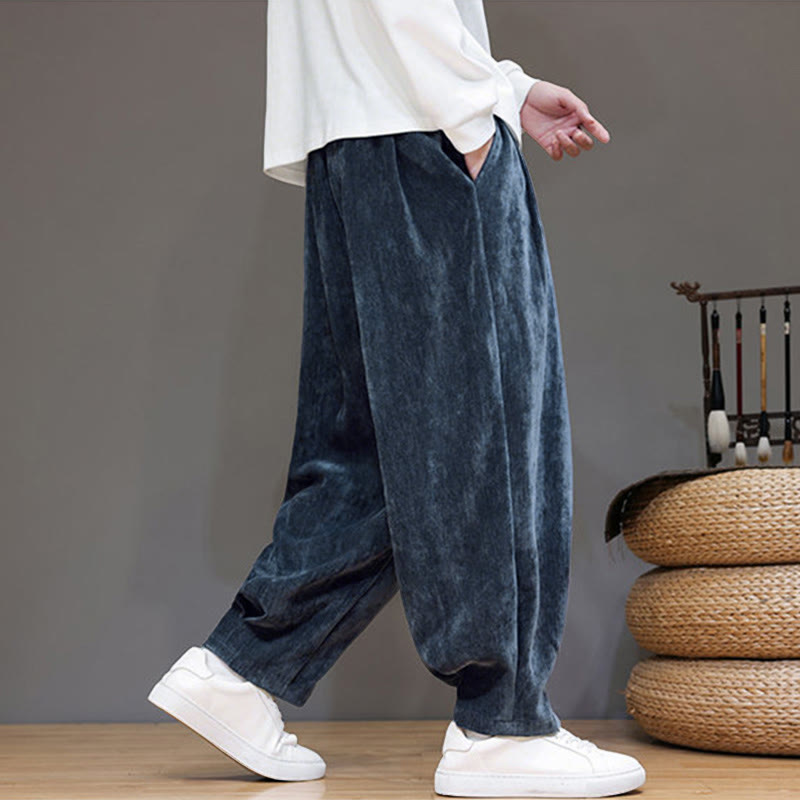 Winter Pure Color Cotton Men's Harem Thickened Fleece-lined Pants With Pockets