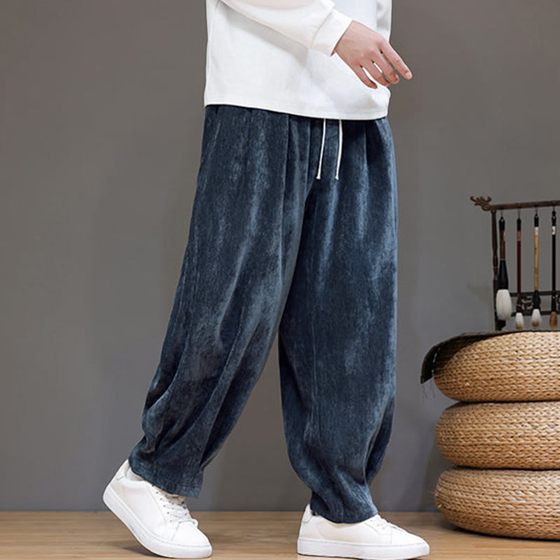 Winter Pure Color Cotton Men's Harem Thickened Fleece-lined Pants With Pockets
