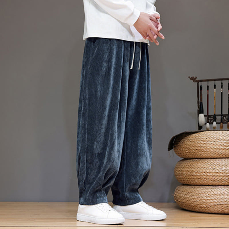 Winter Pure Color Cotton Men's Harem Thickened Fleece-lined Pants With Pockets