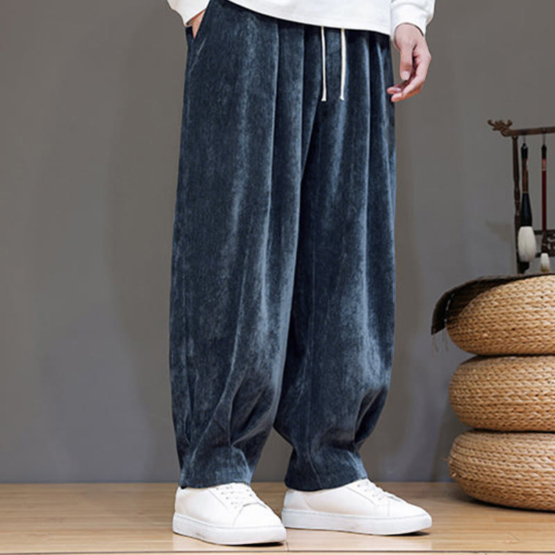 Winter Pure Color Cotton Men's Harem Thickened Fleece-lined Pants With Pockets