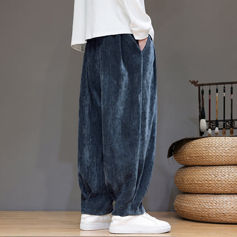 Winter Pure Color Cotton Men's Harem Thickened Fleece-lined Pants With Pockets