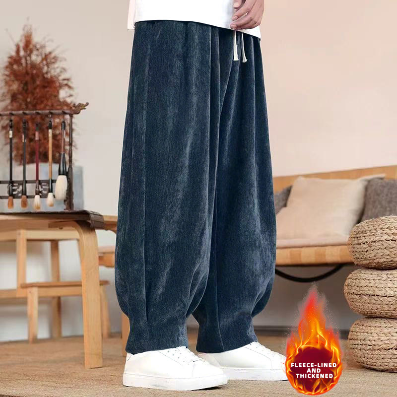 Winter Pure Color Cotton Men's Harem Thickened Fleece-lined Pants With Pockets