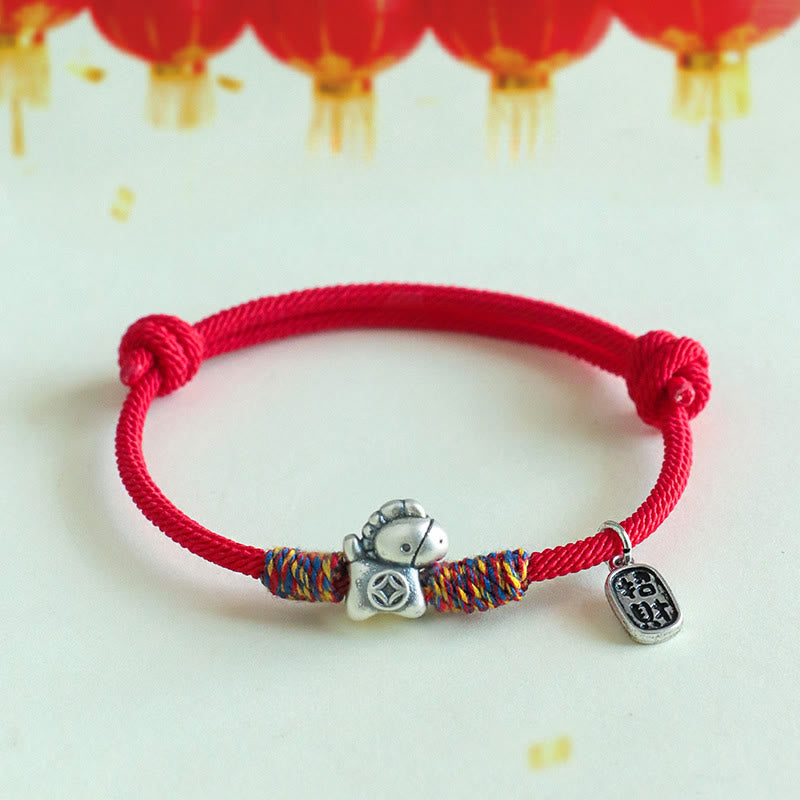 999 Sterling Silver Fu & Horse Red String Rope Bracelet – Year of the Horse Prosperity