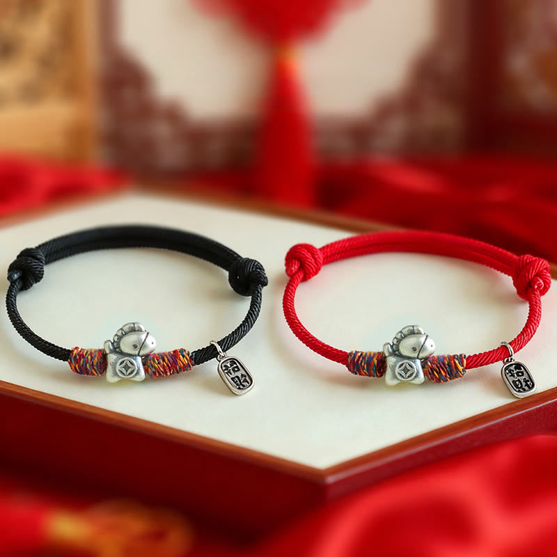 999 Sterling Silver Fu & Horse Red String Rope Bracelet – Year of the Horse Prosperity