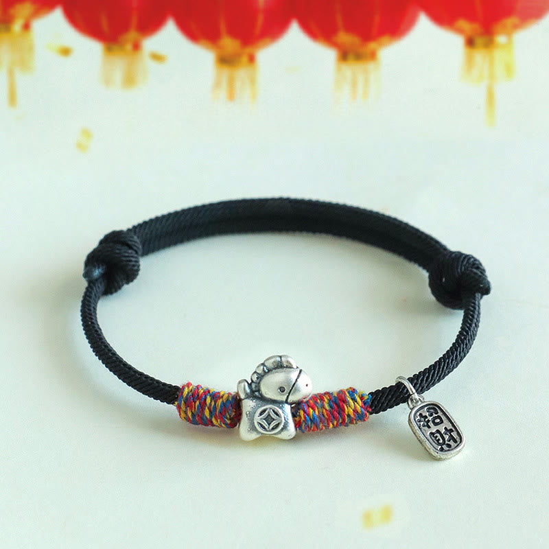 999 Sterling Silver Fu & Horse Red String Rope Bracelet – Year of the Horse Prosperity
