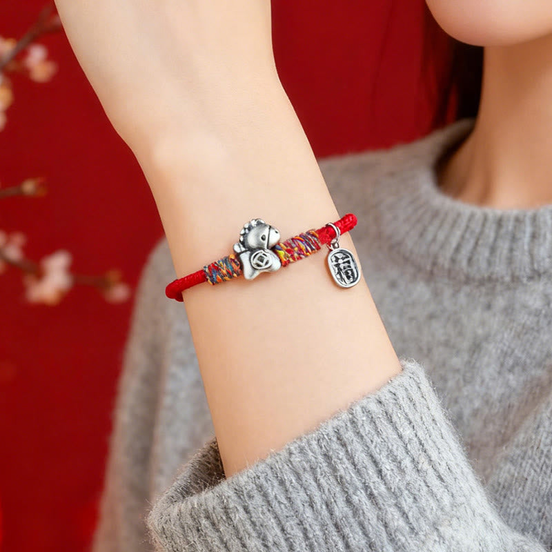 999 Sterling Silver Fu & Horse Red String Rope Bracelet – Year of the Horse Prosperity