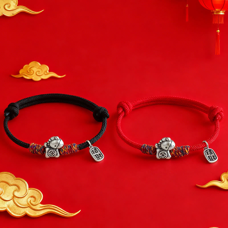 999 Sterling Silver Fu & Horse Red String Rope Bracelet – Year of the Horse Prosperity