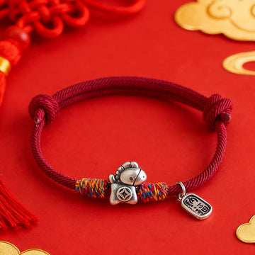 999 Sterling Silver Fu & Horse Red String Rope Bracelet – Year of the Horse Prosperity
