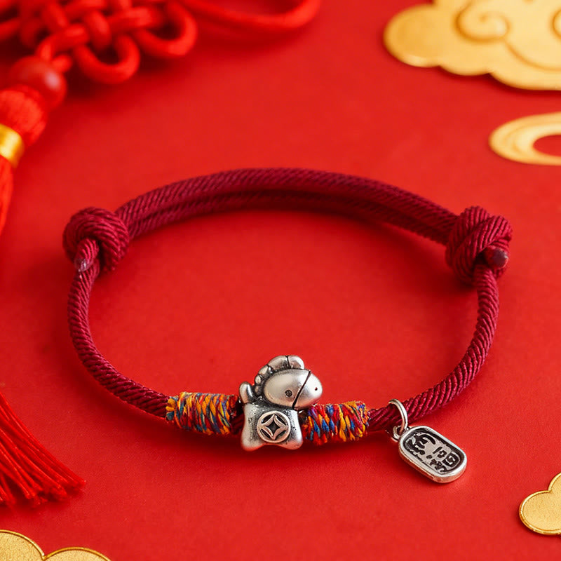 999 Sterling Silver Fu & Horse Red String Rope Bracelet – Year of the Horse Prosperity